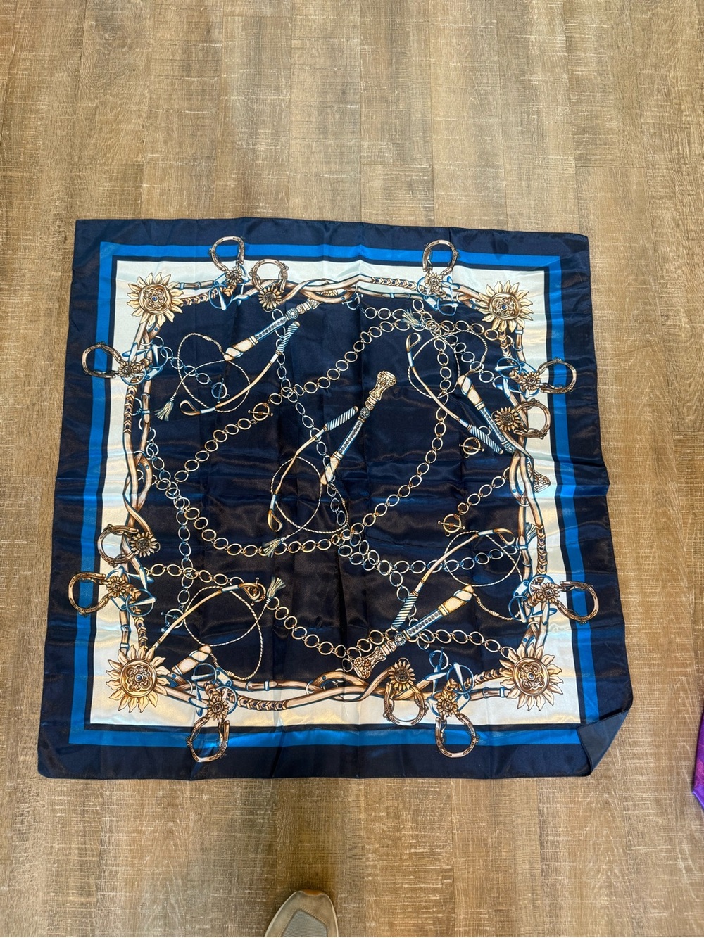 Navy Blue Chain & Sun Motif Silk-Feel Square Scarf